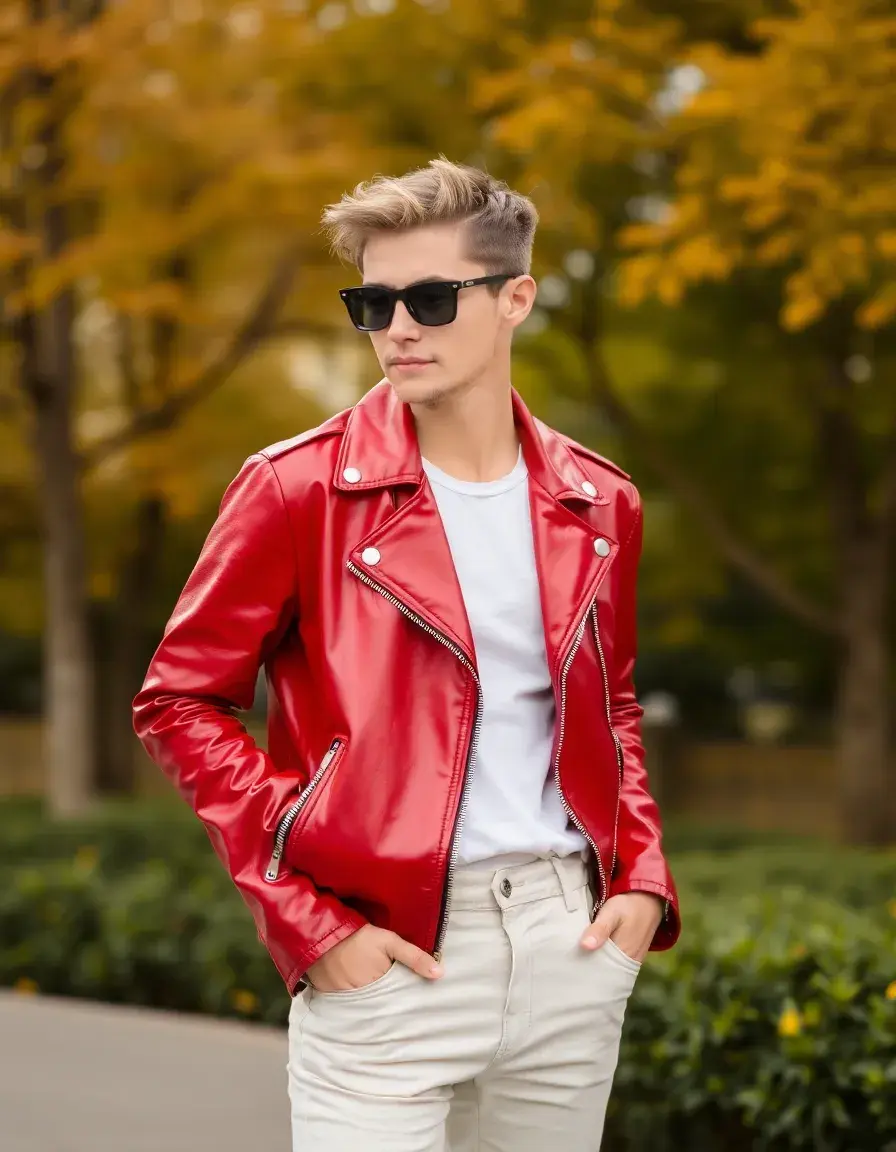 Glossy finish red leather jacket reflecting light