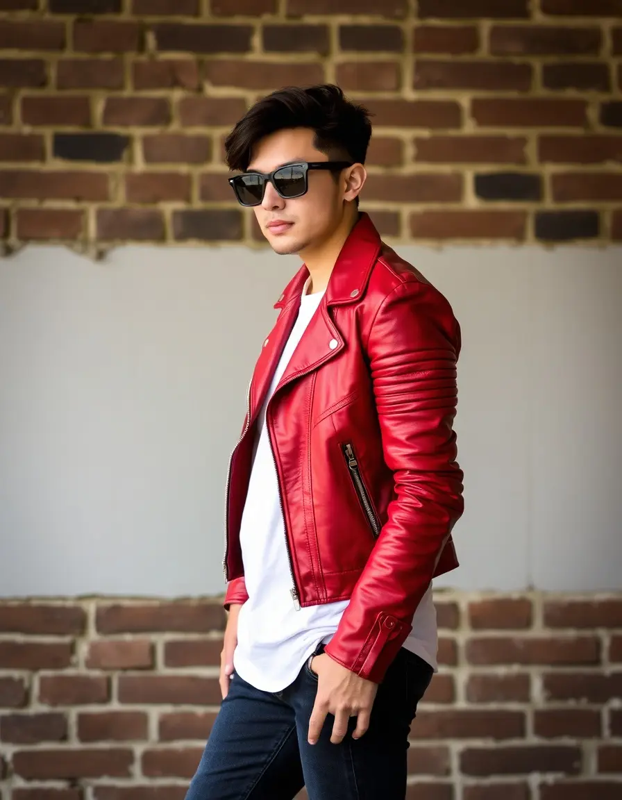 Classic red biker leather jacket with hardware details