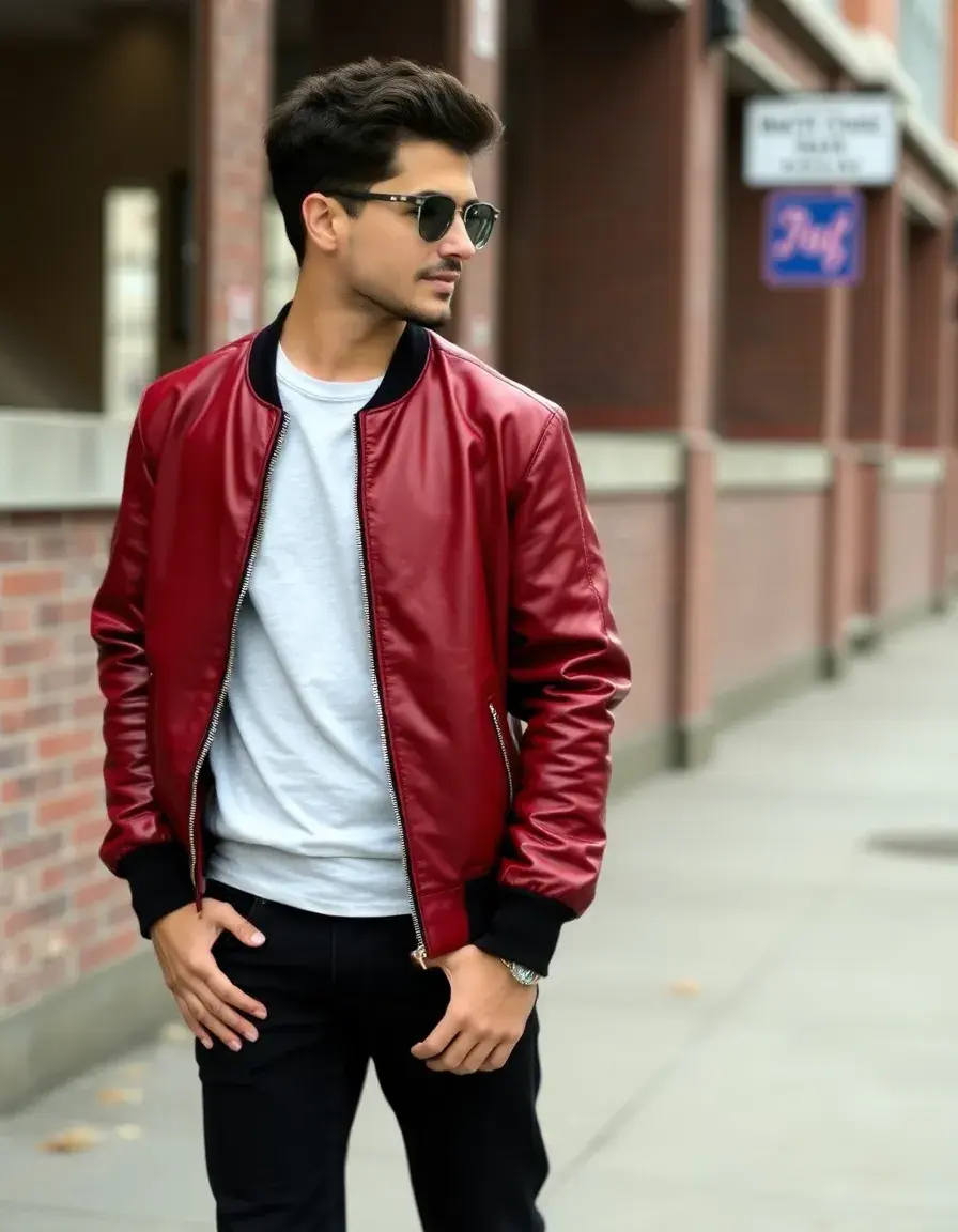 Red bomber leather jacket with ribbed cuffs