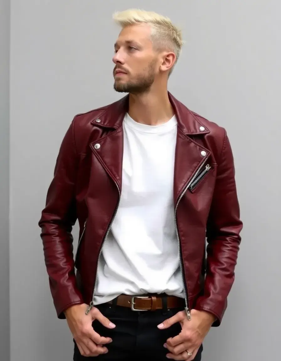 Light burgundy leather jacket in a modern cut