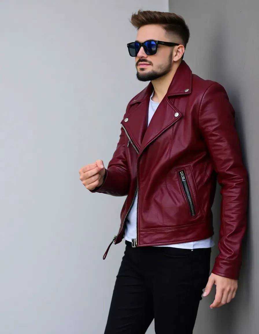 Burgundy leather biker jacket with silver hardware