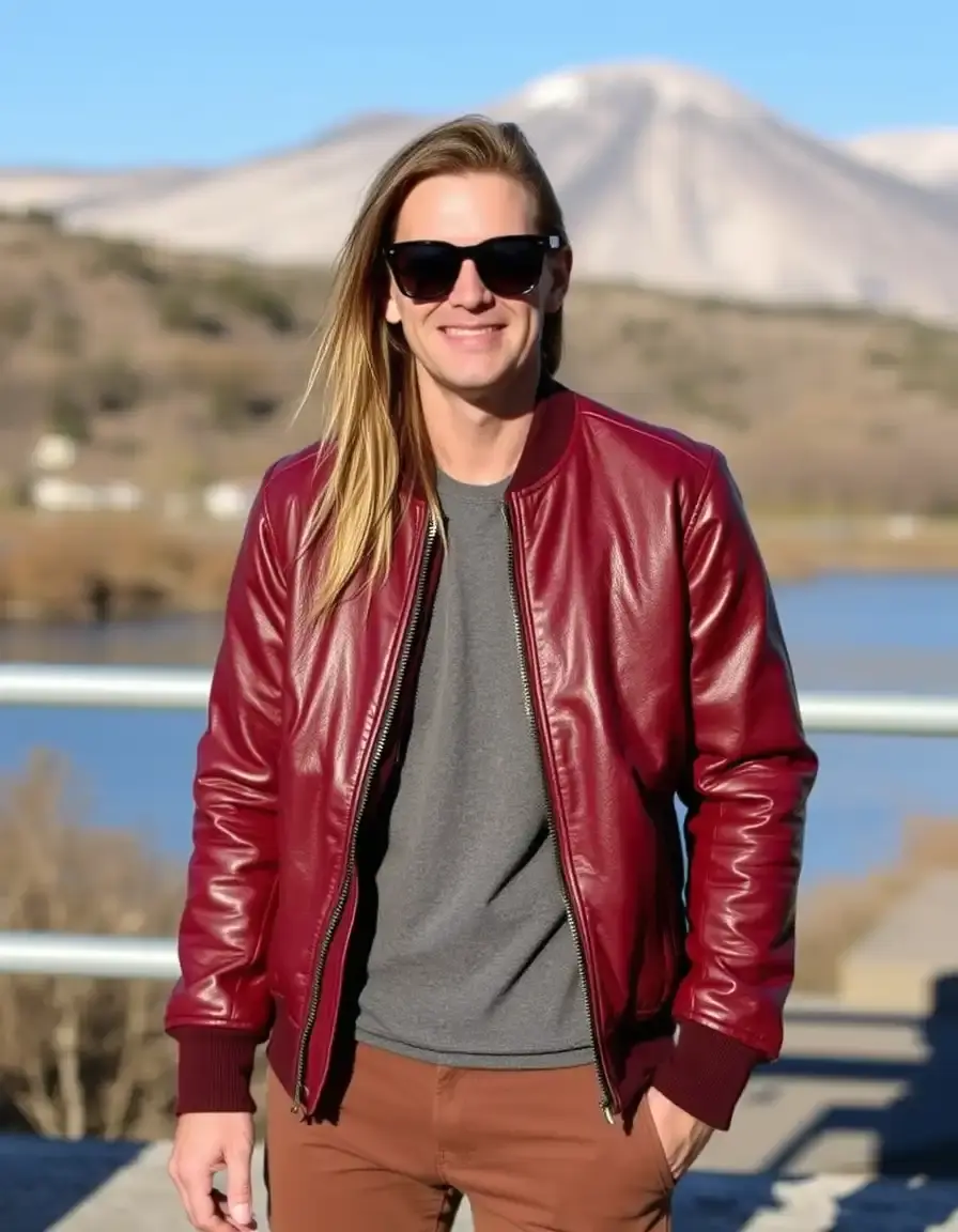 Burgundy leather bomber jacket with ribbed cuffs