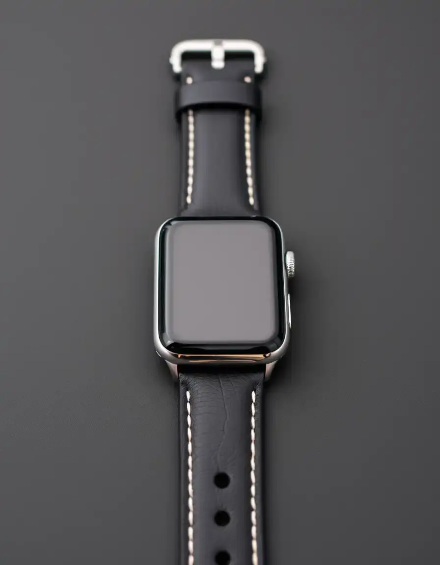Black leather Apple Watch band with silver buckle
