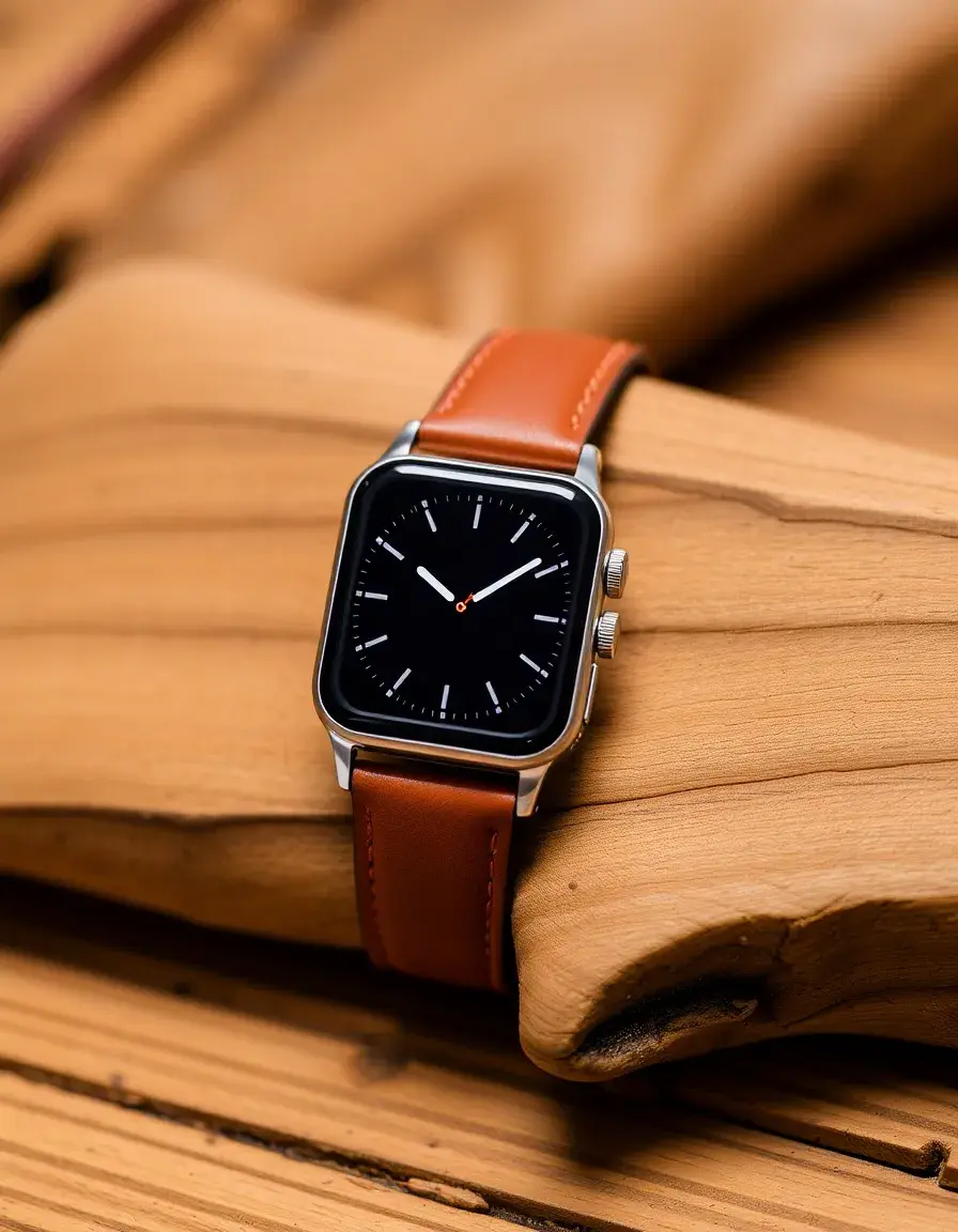 Classic brown leather Apple Watch band showing natural grain