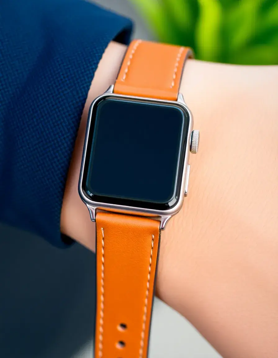 Tan leather Apple Watch band with fine stitching