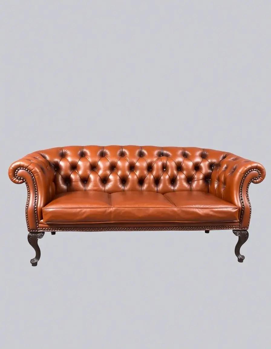 Victorian style leather settee in brown, ornate legs