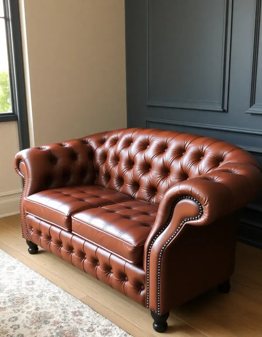 Tufted leather settee with buttons, elegant