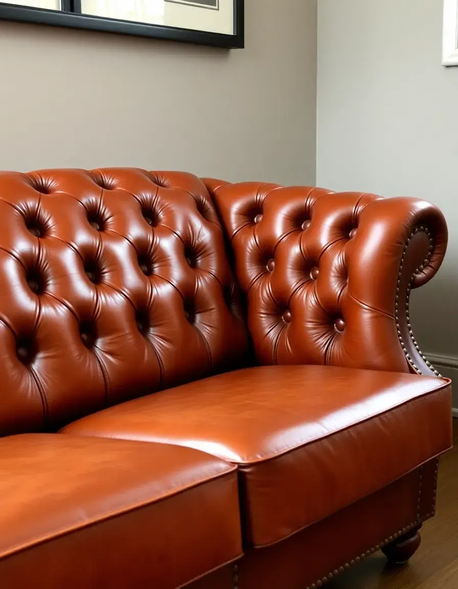 Chesterfield leather settee, rolled arms