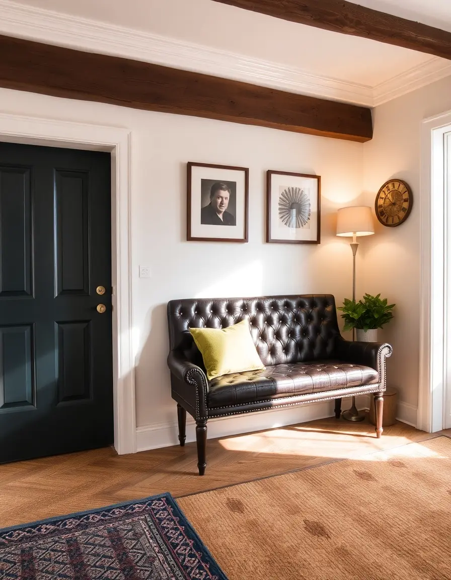 Leather bench-style settee, hallway placement