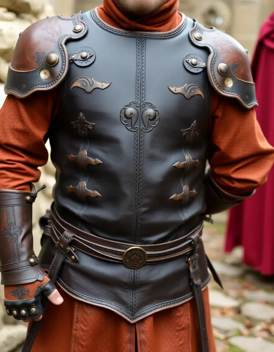 Medieval style leather armor showing thick plates and buckles