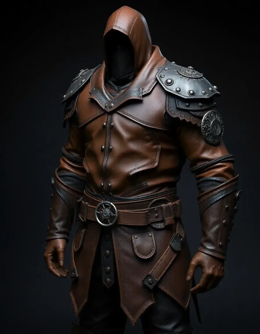 Fantasy game leather armor with layered design and intricate detailing