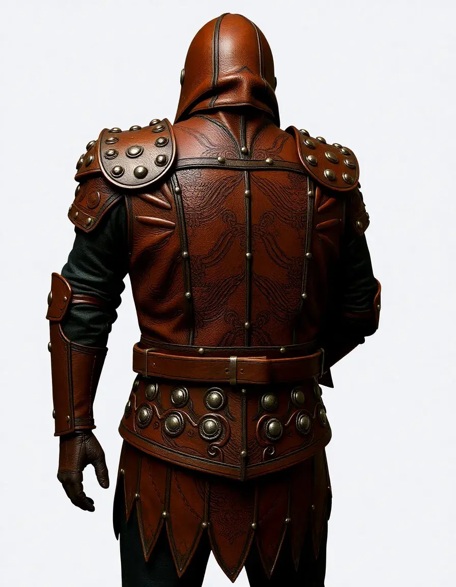 Studded leather armor 5e with metal rivets and dark brown finish