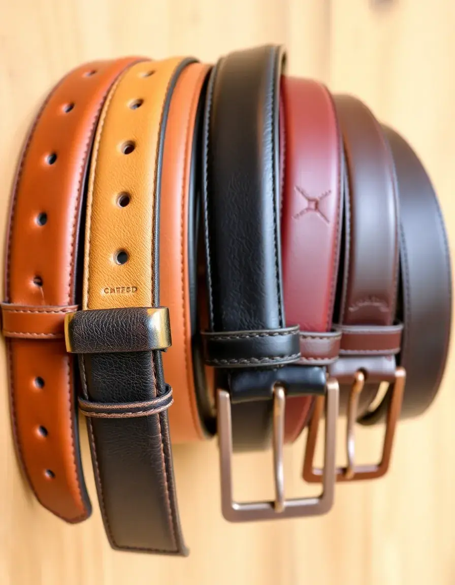 Assorted men's leather belts in various brown tones