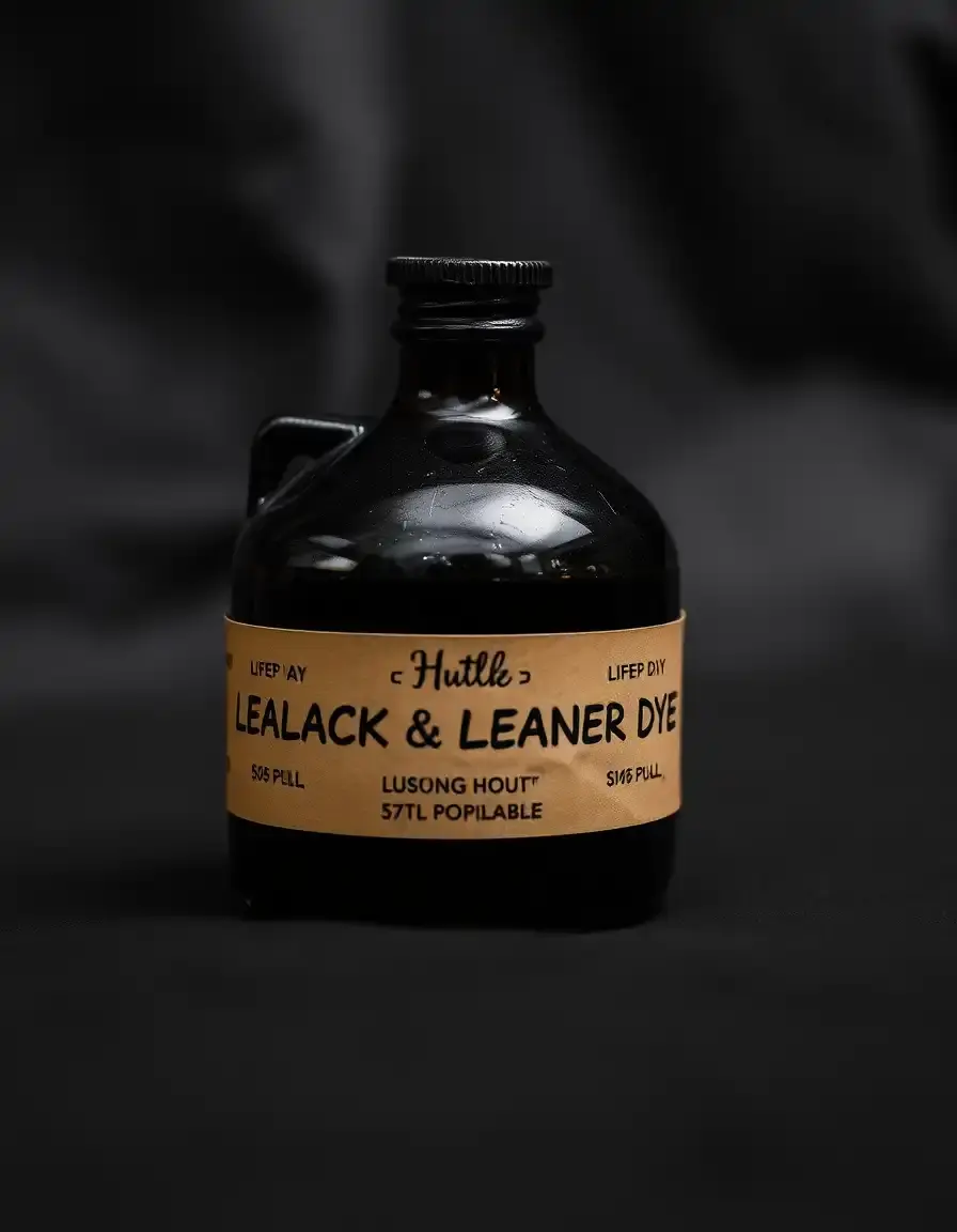 Professional black leather dye bottle in a workshop setting