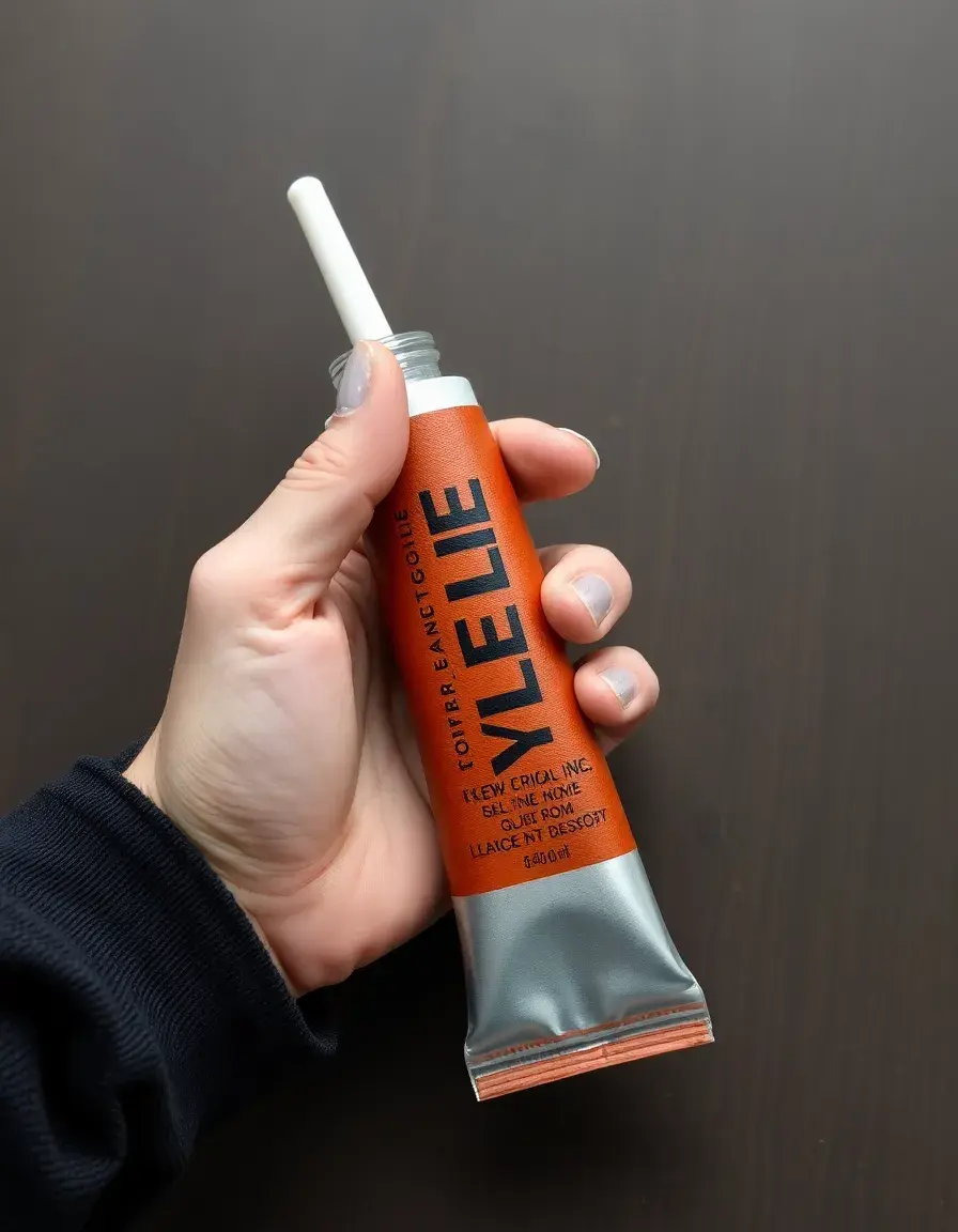 Applying strong leather glue to a repair area