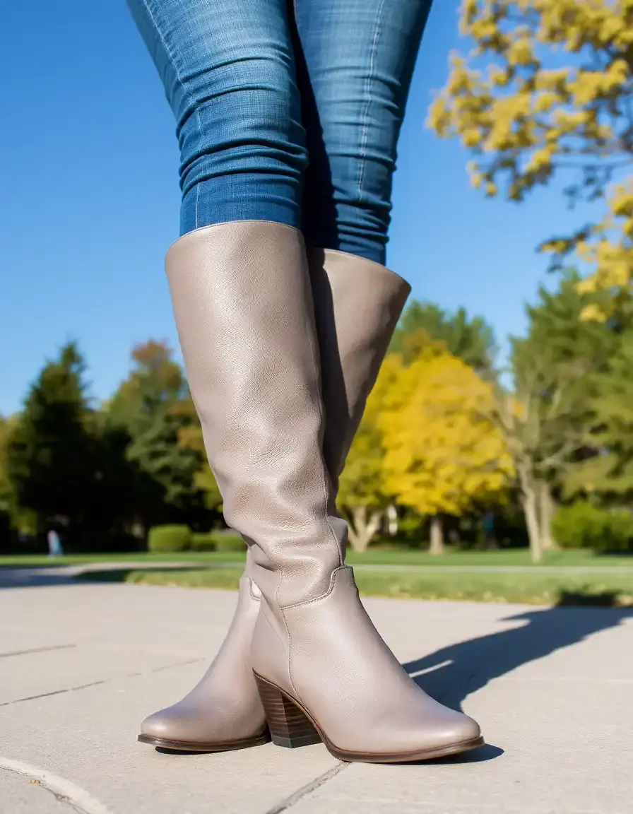 Gray knee high leather boots