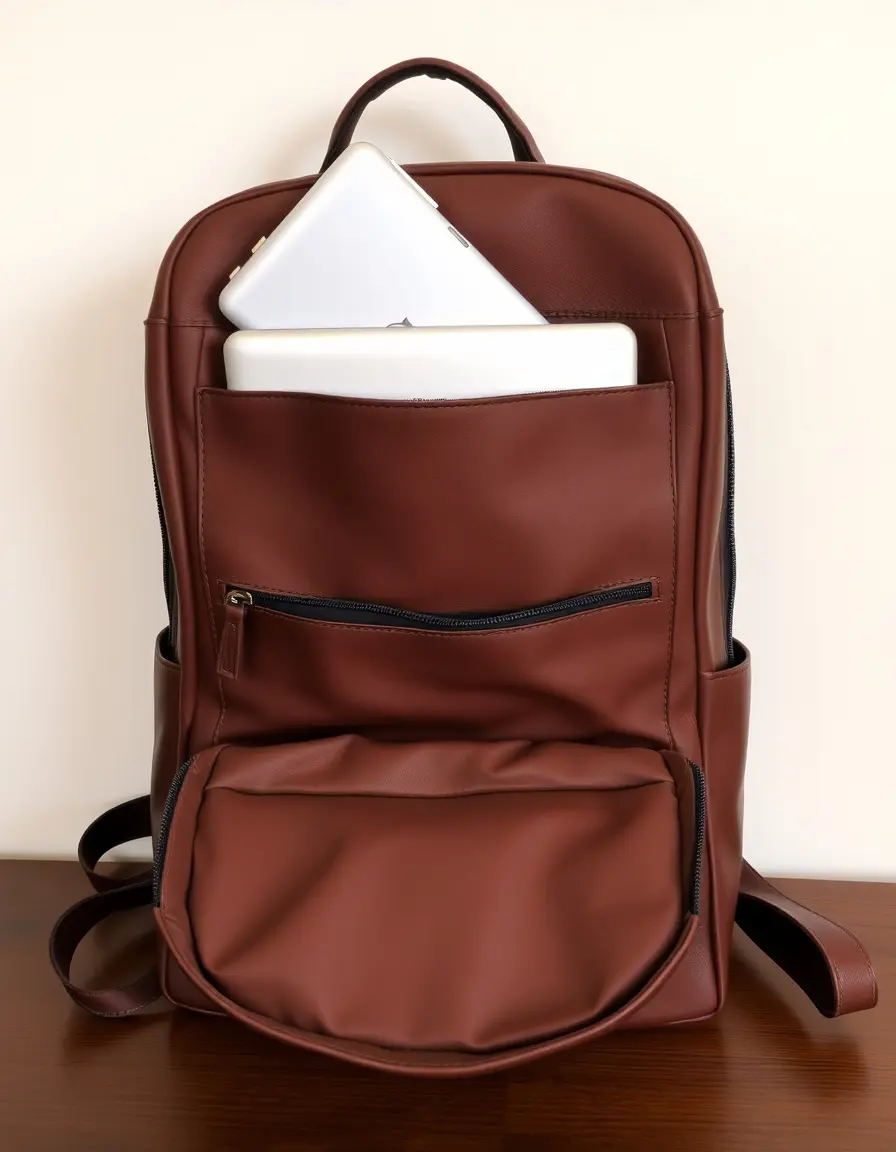Leather backpack with dedicated laptop compartment open