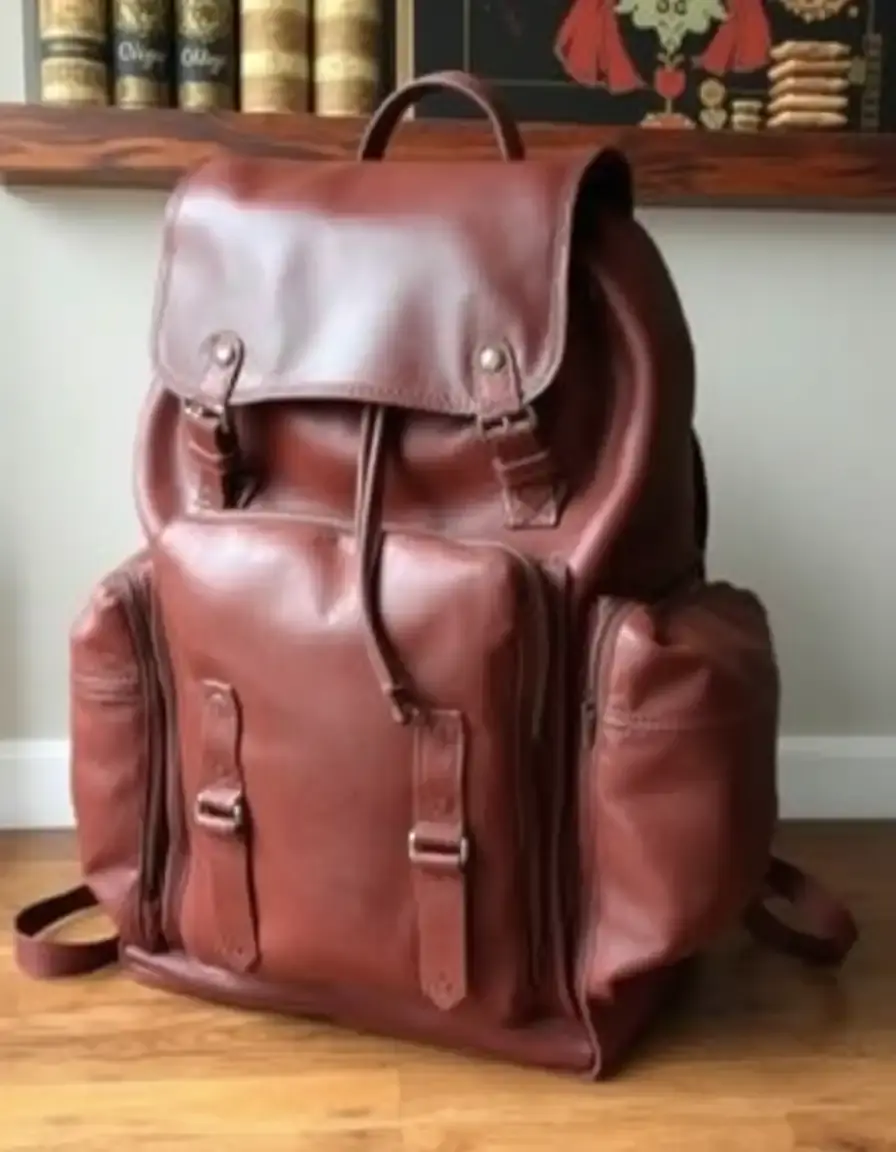 Large leather travel backpack with multiple organizational pockets