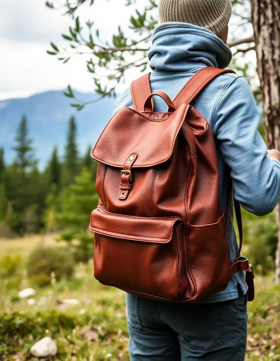 Durable leather hiking backpack in an outdoor mountain scene