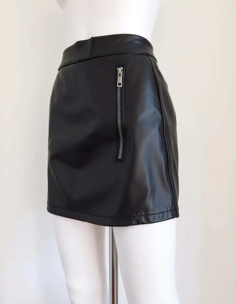 A sleek black leather mini skirt with zipper on a mannequin