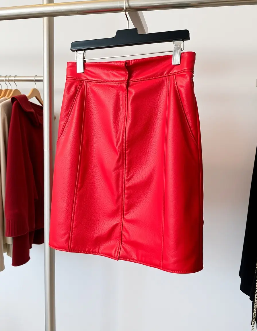 A red vegan leather mini skirt hanging on a rack
