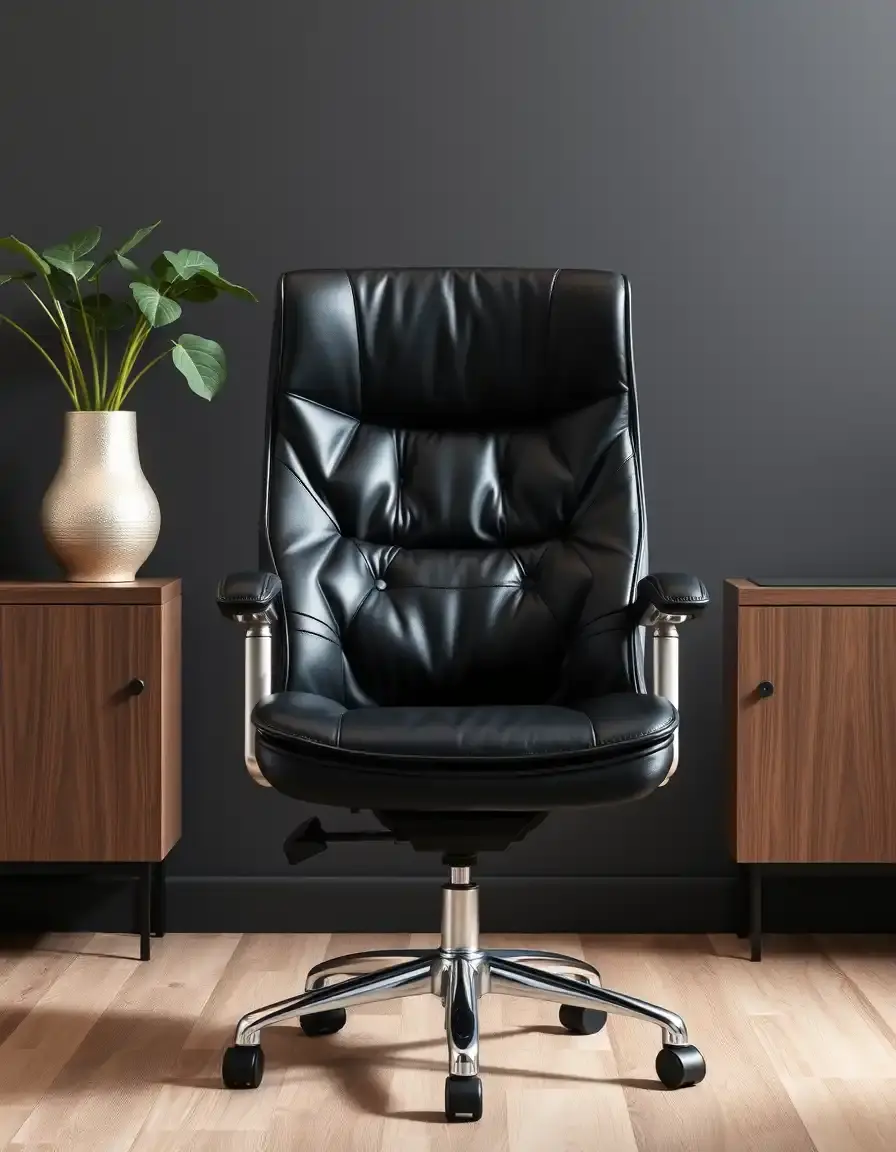 Black leather executive office chair with high back and padding