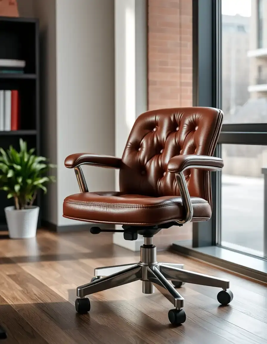 Brown swivel leather office chair on wheels with vintage finish