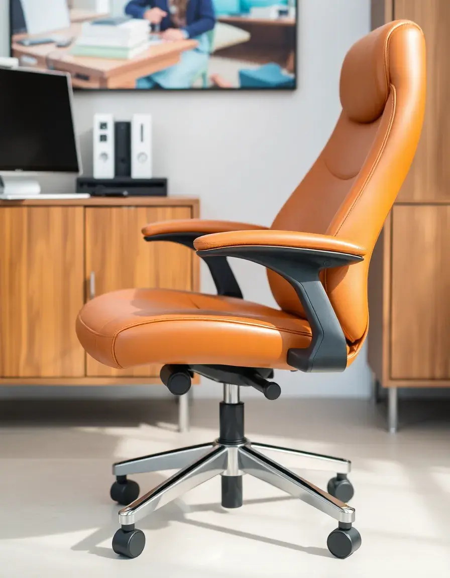 Tan ergonomic leather office chair with curved back support