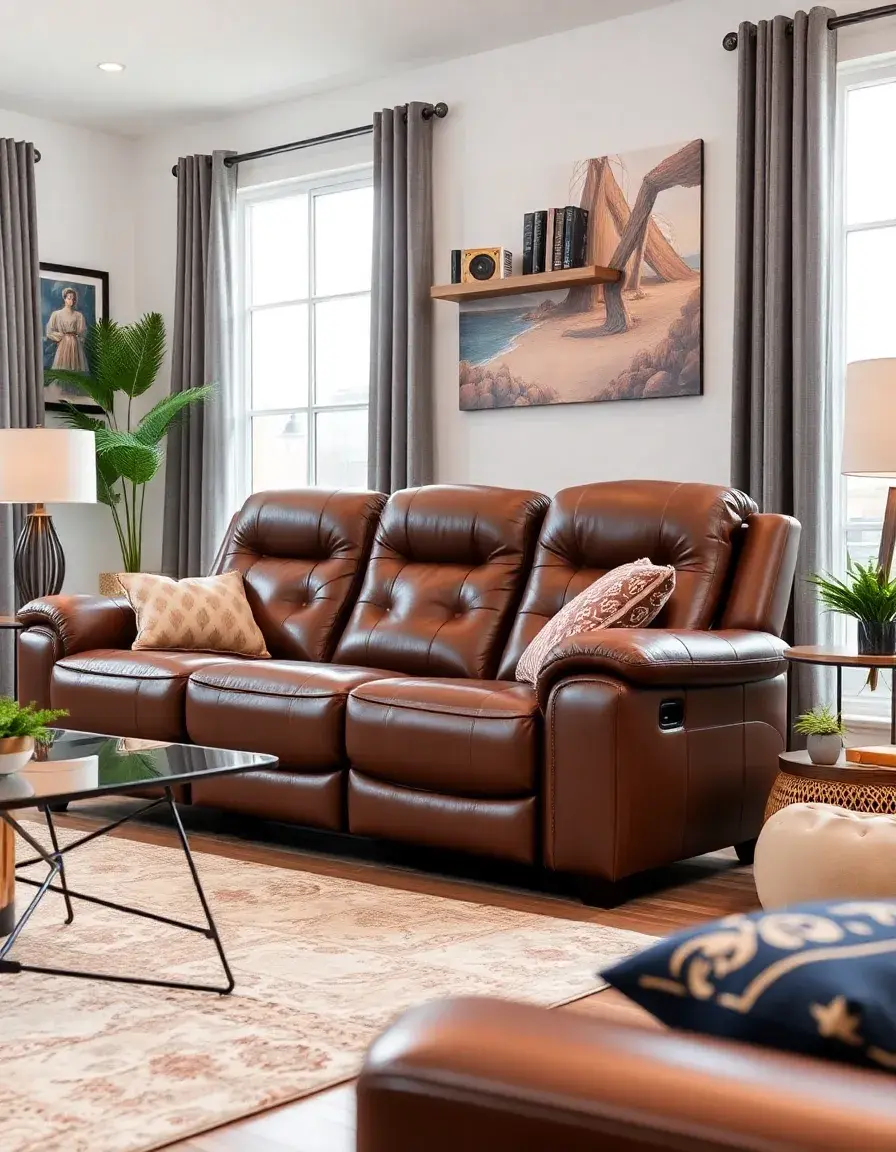 A brown 3-seater leather recliner sofa in living room