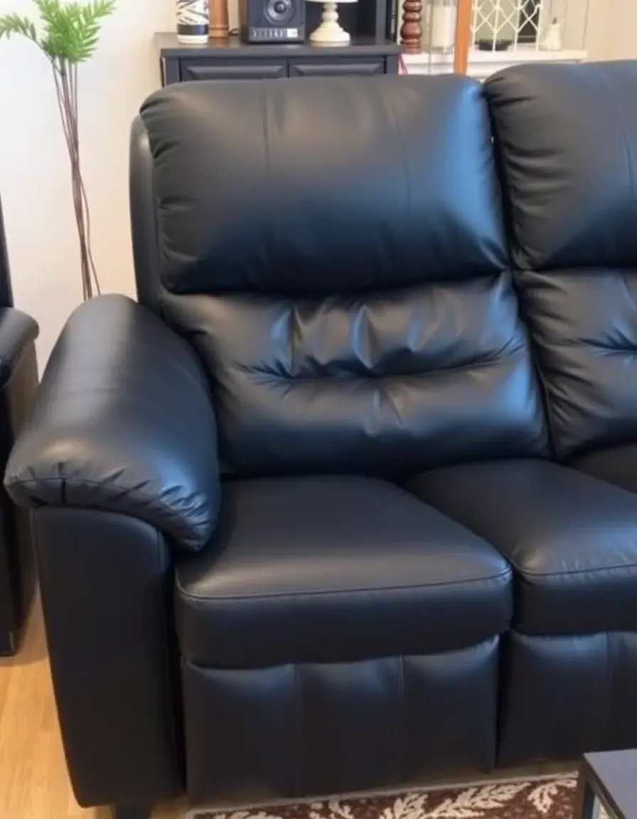 A black 2-seater leather recliner sofa reclined