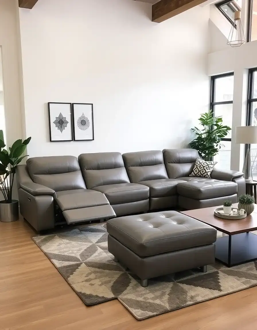 A gray L-shaped leather recliner sectional