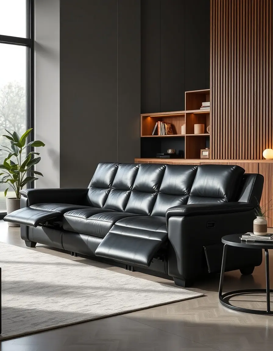 A sleek black leather reclining sofa in modern setting