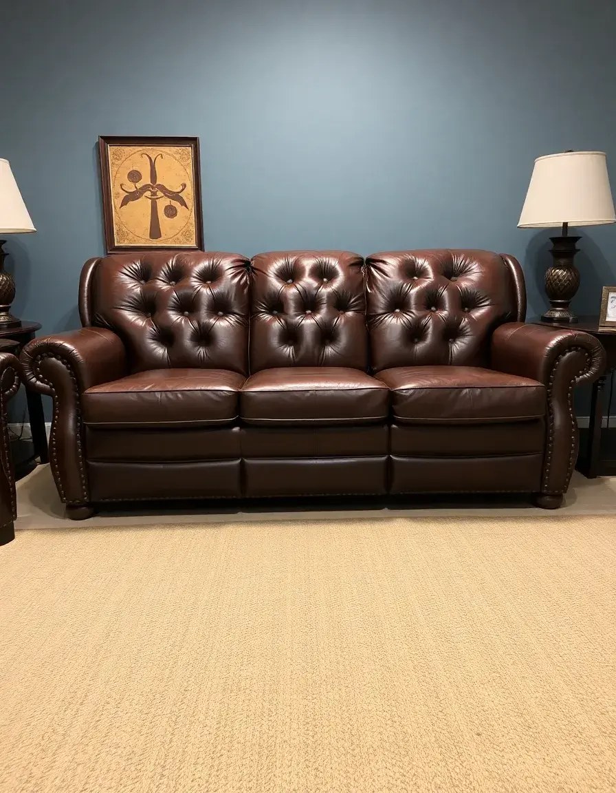 A brown traditional leather reclining sofa with tufts