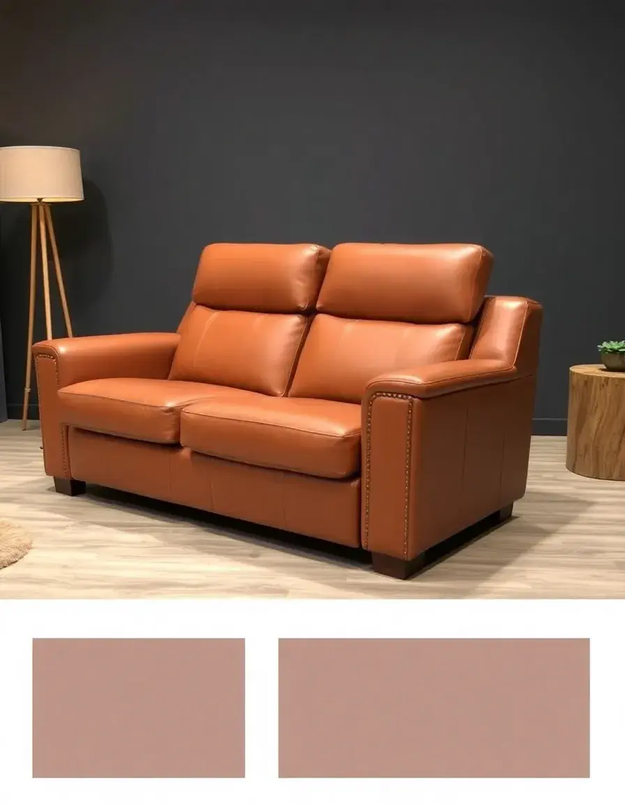 A premium tan leather reclining sofa with stitching