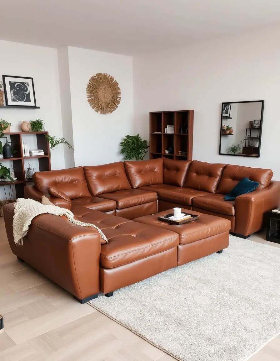 An L-shaped brown leather sectional sofa in room