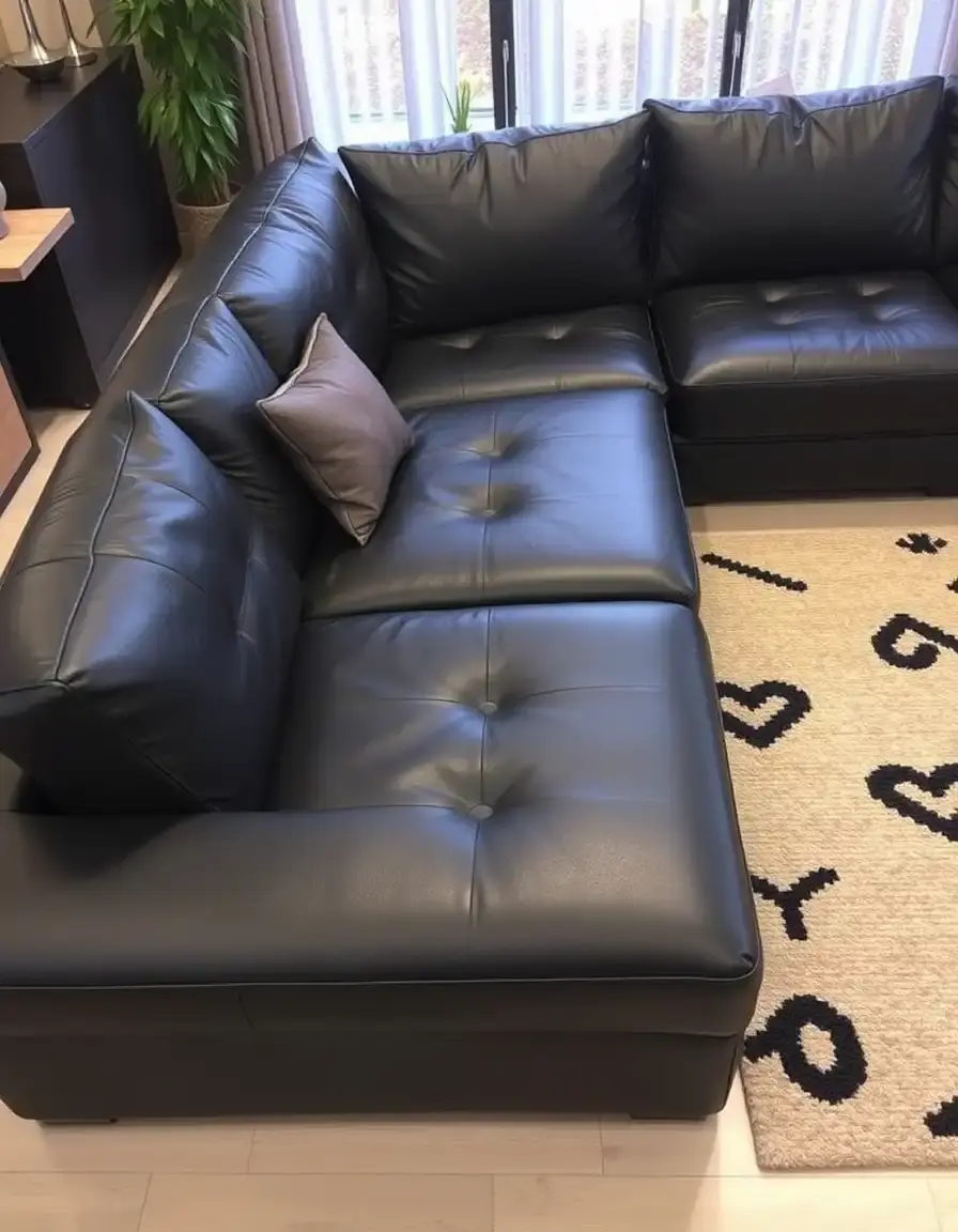 A U-shaped black leather sectional sofa large