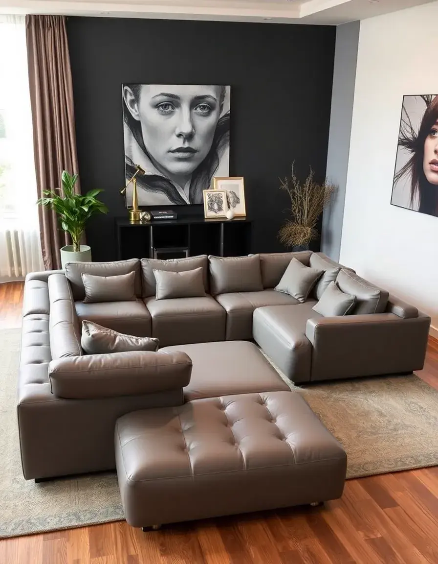A modular gray leather sectional pieces arranged