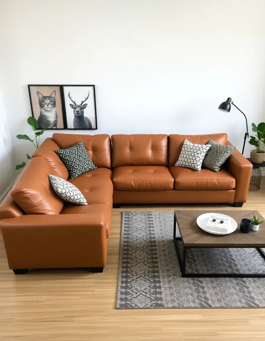 A tan reversible leather sectional sofa configured