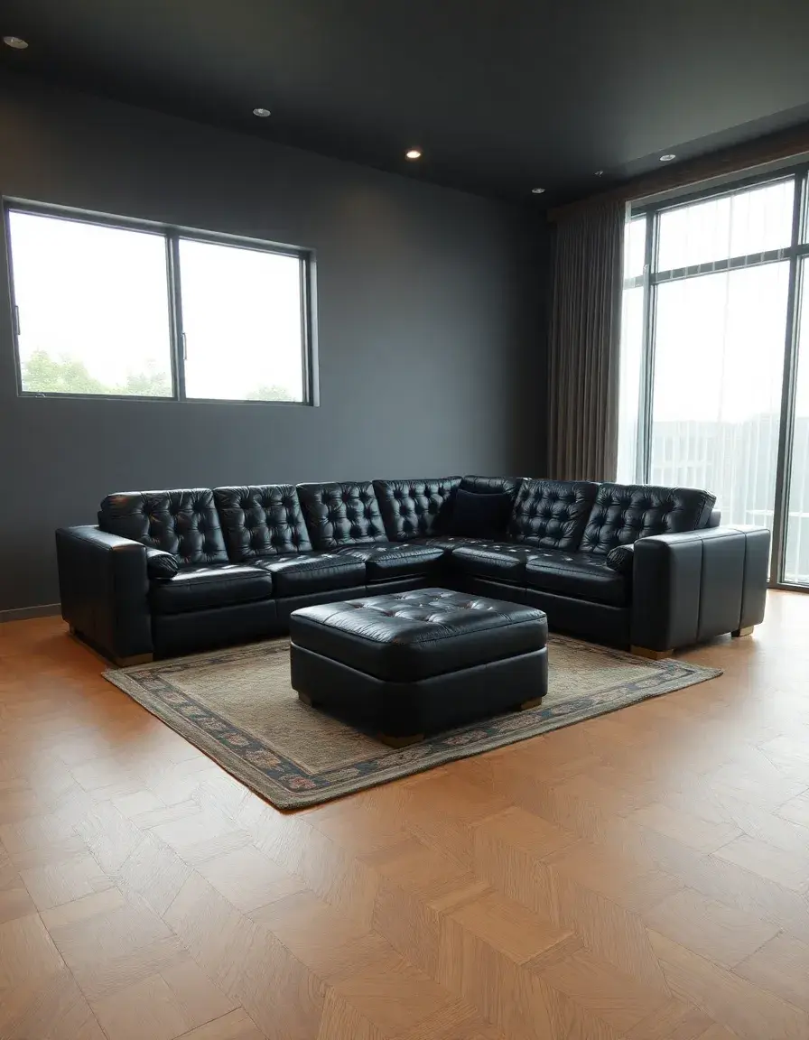 A deep pit-style black leather sectional sofa