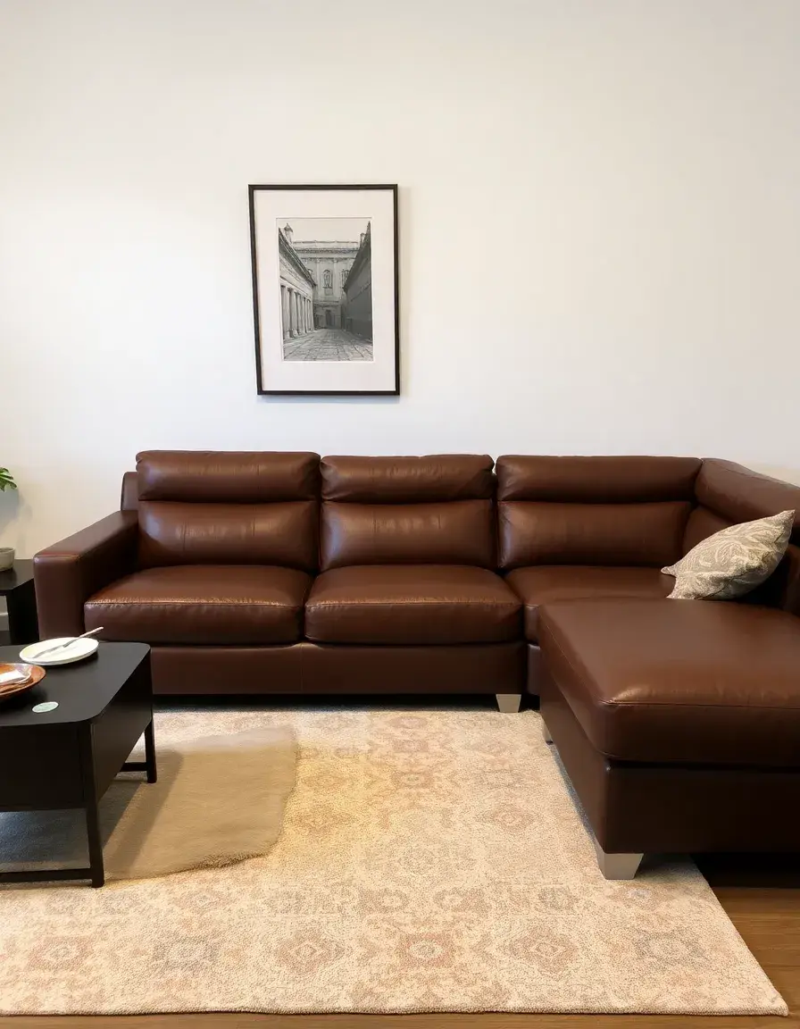 A leather sectional with chaise end in brown