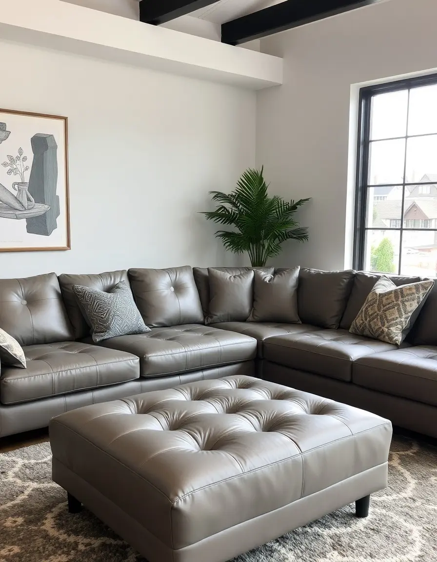 A leather sectional with matching ottoman in gray