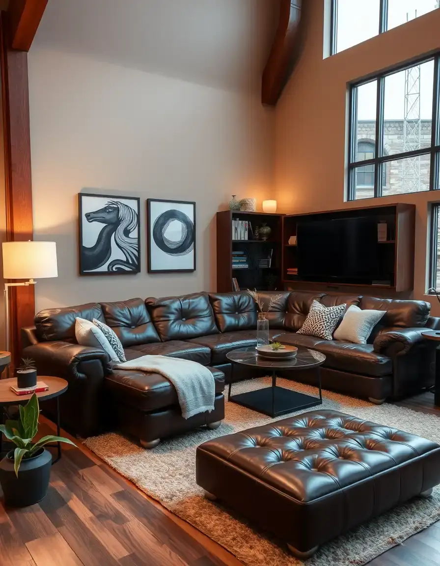 A large family-sized brown leather sectional