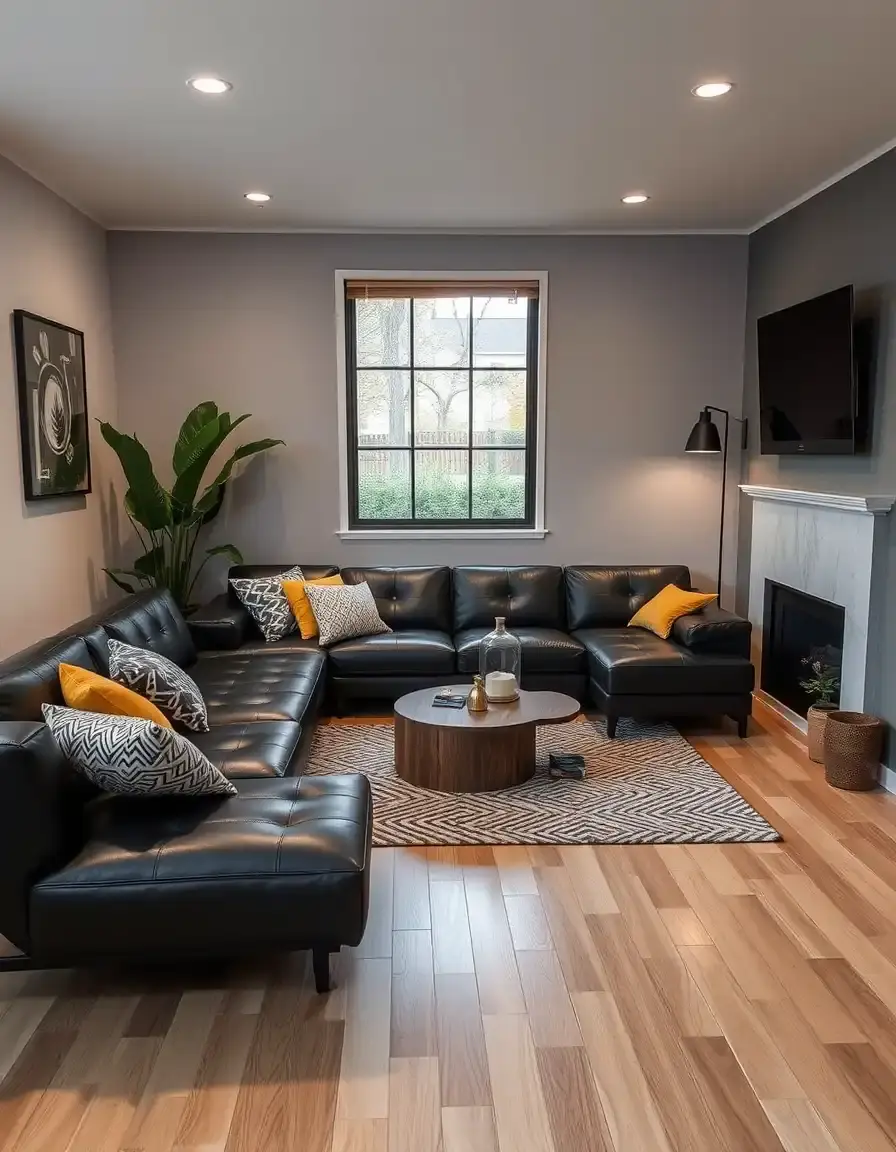 A compact black leather sectional for small spaces