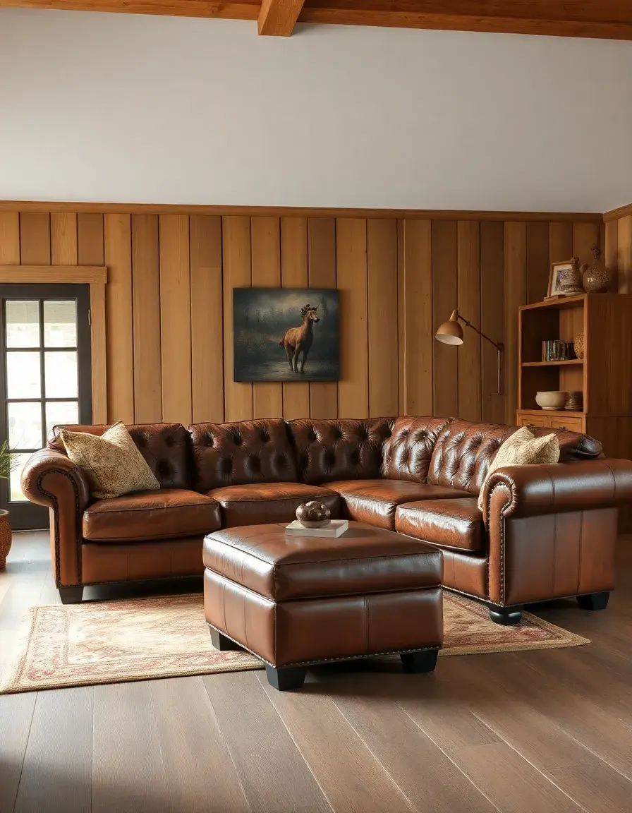A rustic distressed leather sectional in wood room