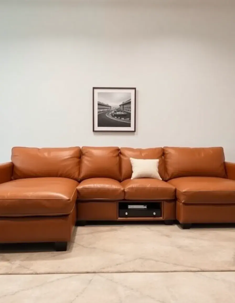 A tan leather sectional with built-in storage
