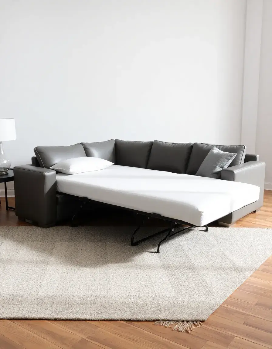 A gray leather sectional pull-out sleeper