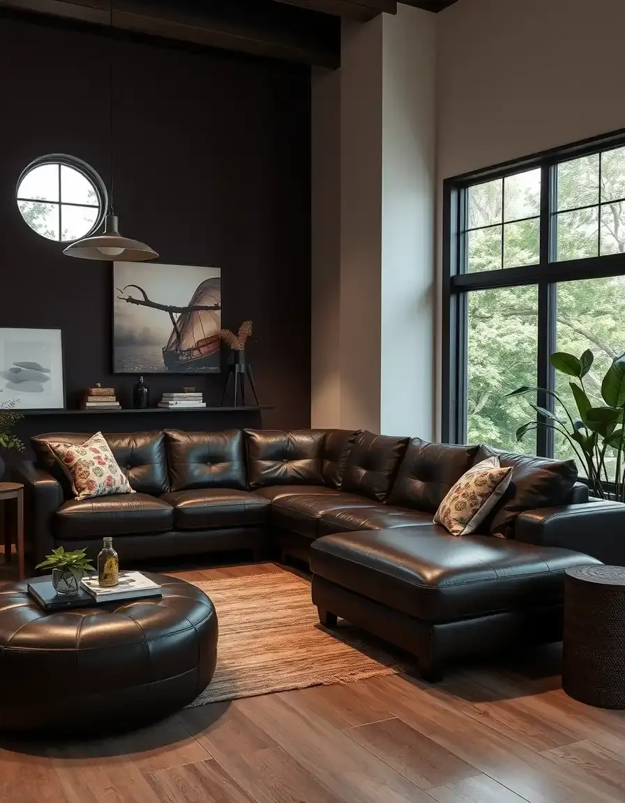 A bonded leather sectional in dark brown