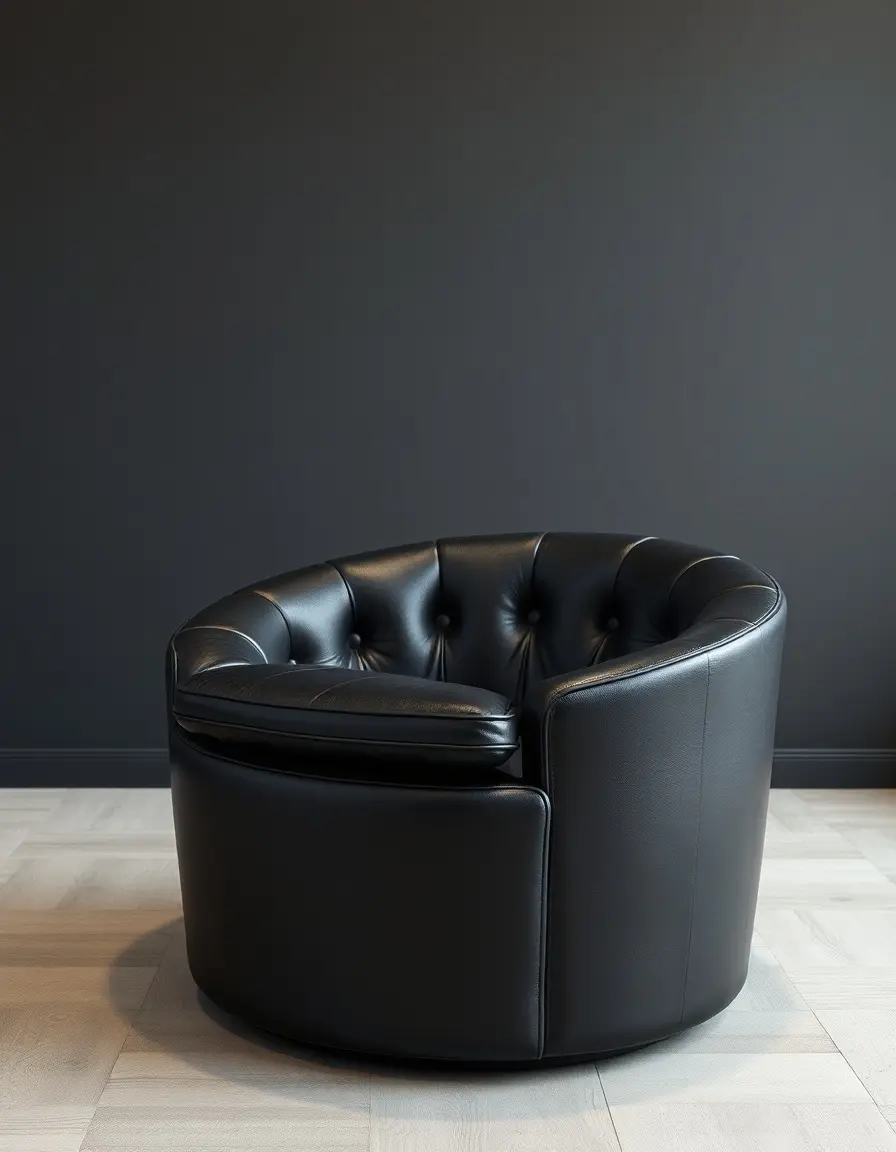 Round barrel-shaped black leather swivel chair