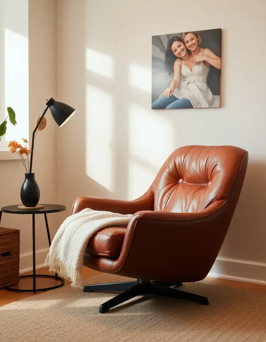 Tub-style brown leather swivel chair cozy