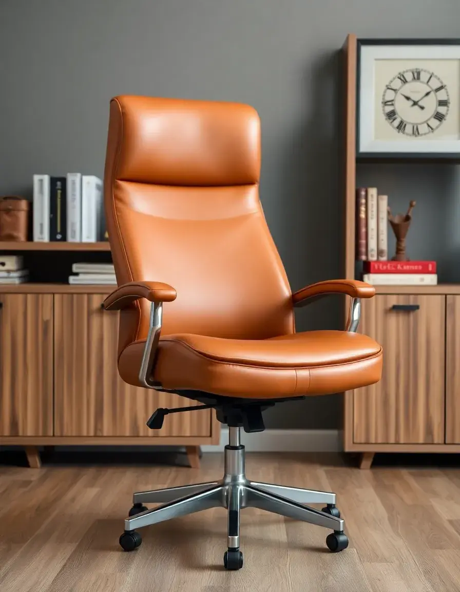 High-back tan leather swivel chair for office